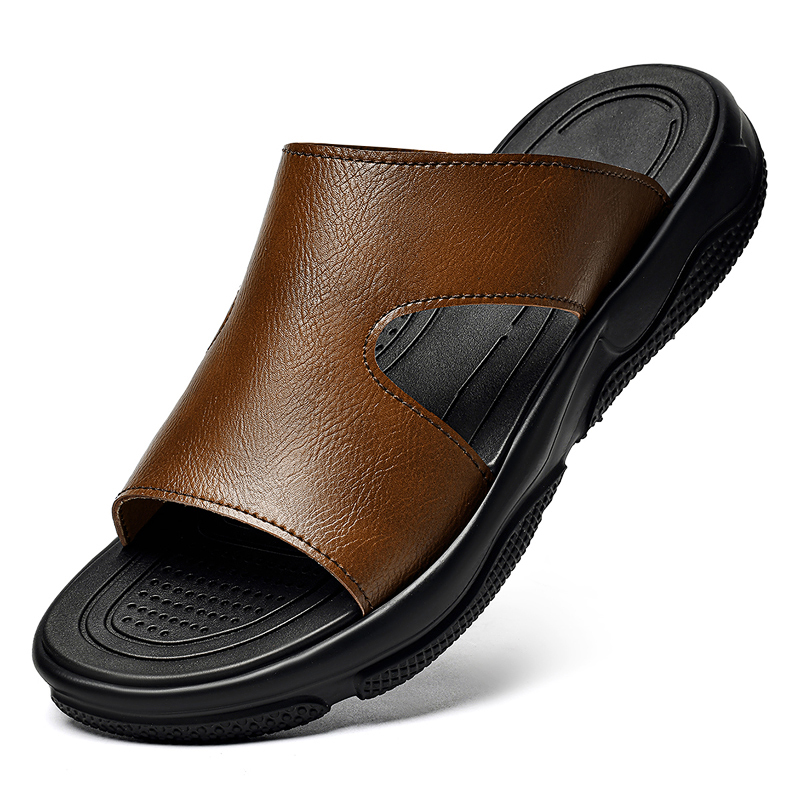 Men'S Shoes Qn - メンズレザースライドサンダル滑り止め厚底カジュアルスリッパ夏の屋外ビーチシューズ通気性軽量履物