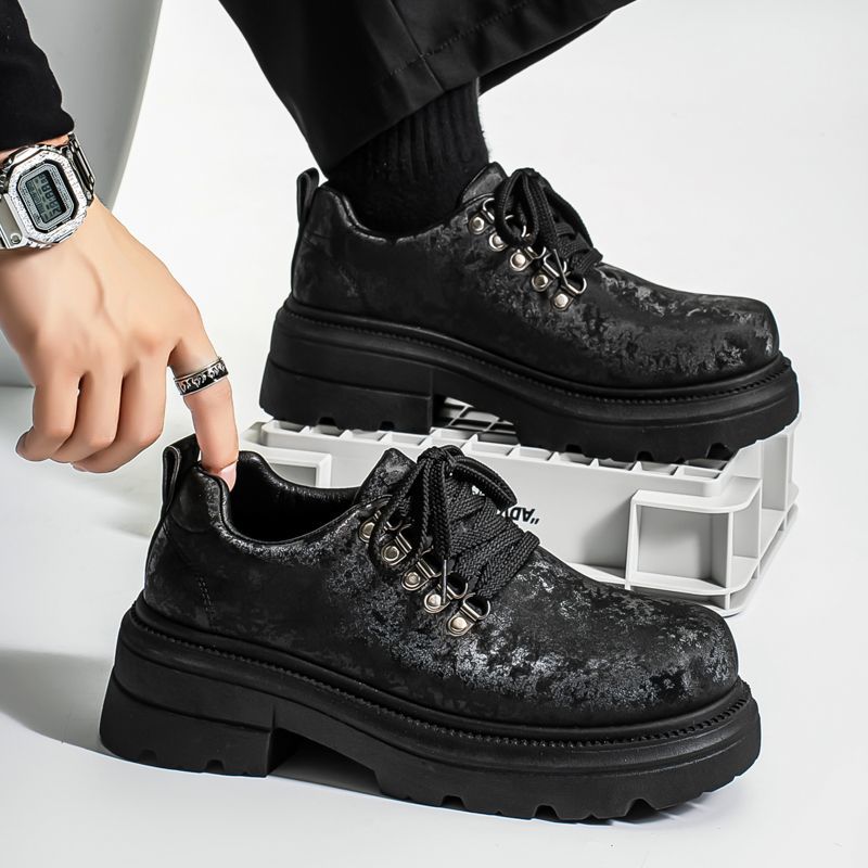 Men'S Shoes To Increase Height - 冬のメンズレトロブリティッシュスタイルカジュアルレザーシューズ厚底プラットフォーム身長アップブラックチャンキーワークブーツ