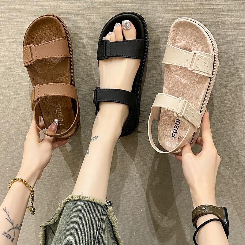 Velcro Strap Sandal - 夏の女性用サンダル - 韓国風のおしゃれなフラットサンダル、アウトドアウェア、カジュアルビーチサンダル、ベルクロストラップ付き