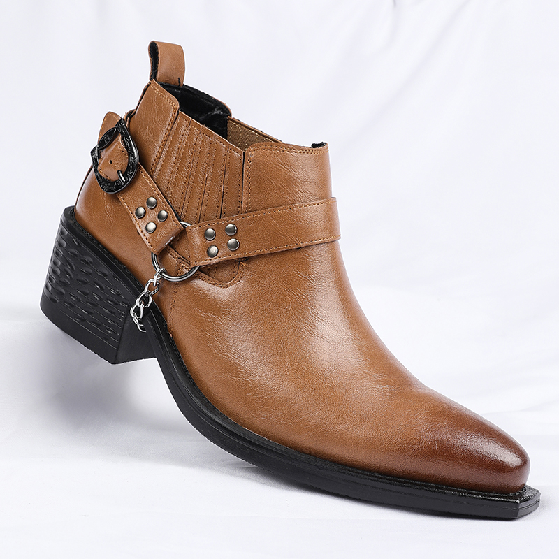 Men Shoes Formal - 新しいブラウン/ブラック牛革ブーツ金属チェーンデザインメンズブーツハイヒールエレベーターシューズビジネスフォーマル結婚式の靴