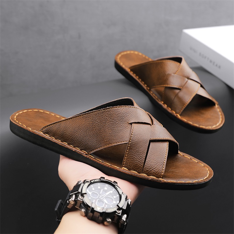 Men'S Shoes Qn - 本革メンズカジュアルサンダル夏メンズスリッパ屋外通気性ビーチシューズ快適なフラット男性フリップフロップサイズ 48