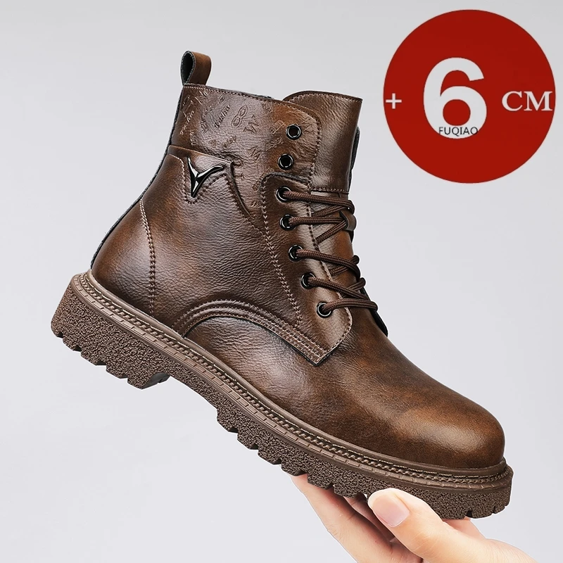 Men'S Shoes To Increase Height - 6cm身長アップ効果のあるメンズブーツ、レザー製、アウトドア、秋冬用シューズ、暖かい、滑り止め、快適なエレベーターアンクルブーツ