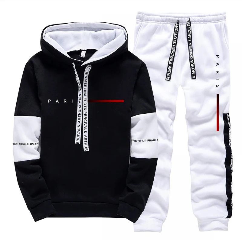 Men Shoes Joggers - パリファッションパーカーストリートウェアメンズセットフード付きスウェットシャツスウェットパンツ男性オールシーズンデイリーカジュアルスポーツプルオーバージョガーパンツ