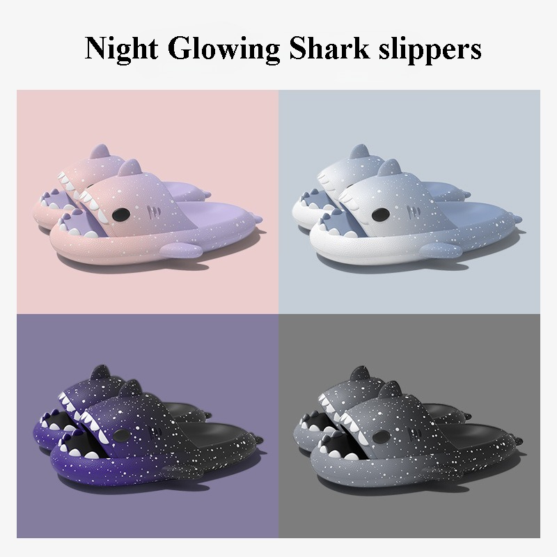 Men Shoes Size To Women - かわいい漫画サメスリッパ女性男性のためのグラデーションカラー夏のプラットフォームシューズ夜の光るスタイルカップルホームストリートスライド