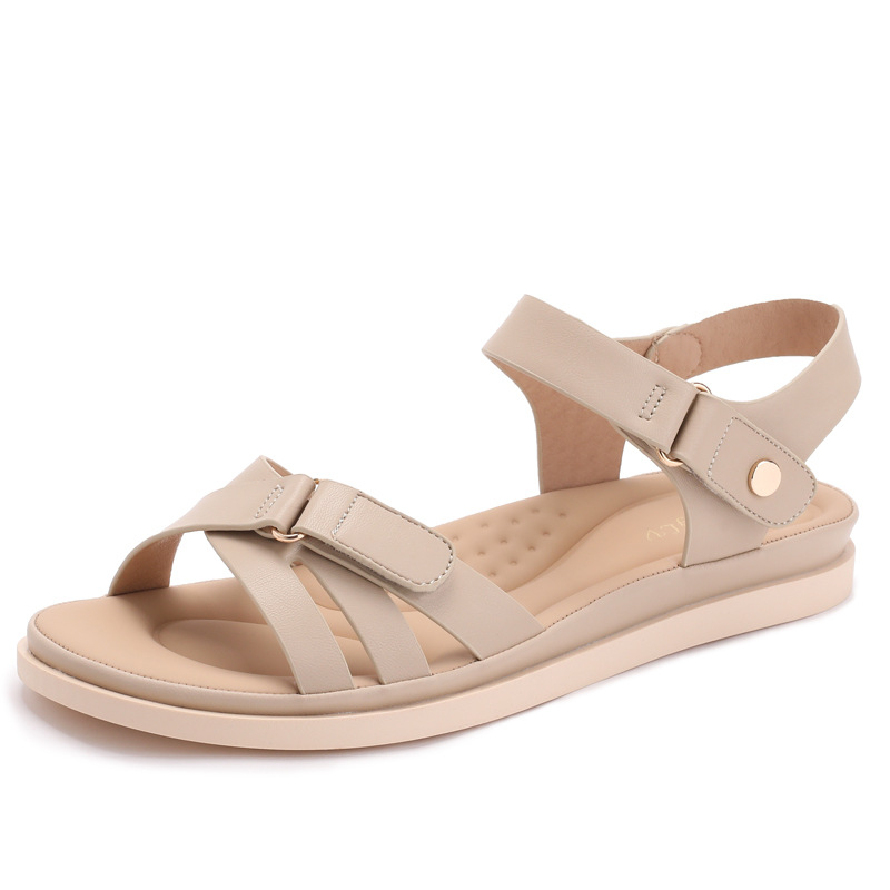 Velcro Strap Sandal - 平底でファッショナブルなアウトドア用滑り止めカジュアルサンダル、ベルクロバックストラップ付きの新しい夏モデル、快適なローマ風シューズ