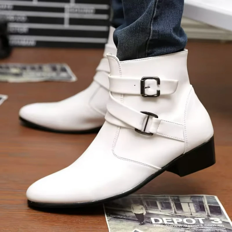 Men Shoes Formal - 新しいメンズブーツ レザーチェルシーブーツ ハイトップバックル付きフォーマルシューズ 大きなイングリッシュアンクルブーツ ポインテッドホワイトブーツ
