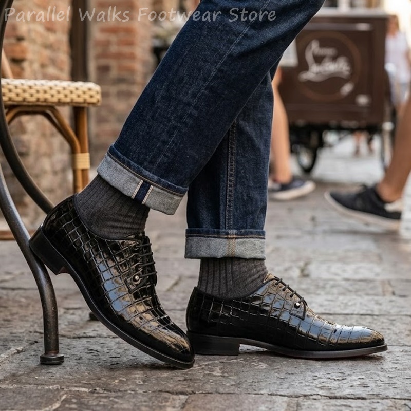 Men Shoes Formal - メンズ パテントレザー オックスフォードシューズ クロコダイル柄 レースアップ ドレスシューズ