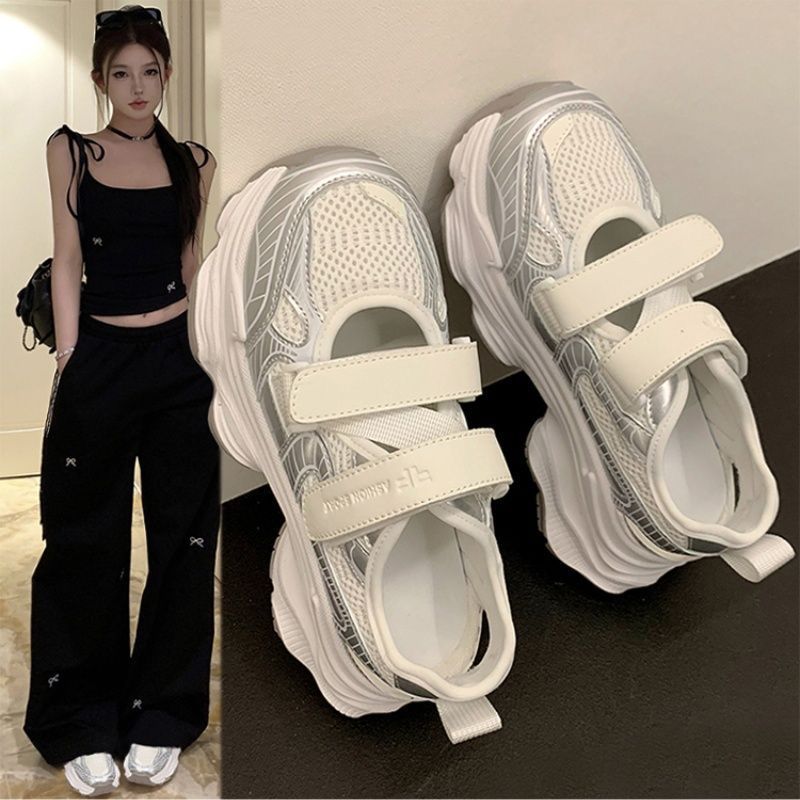 Velcro Strap Sandal - メタリックシルバー中空アウトプラットフォームサンダル女性ダブルベルクロストラップメッシュ通気性厚いソールスポーツアウトドアウォーキングシューズ