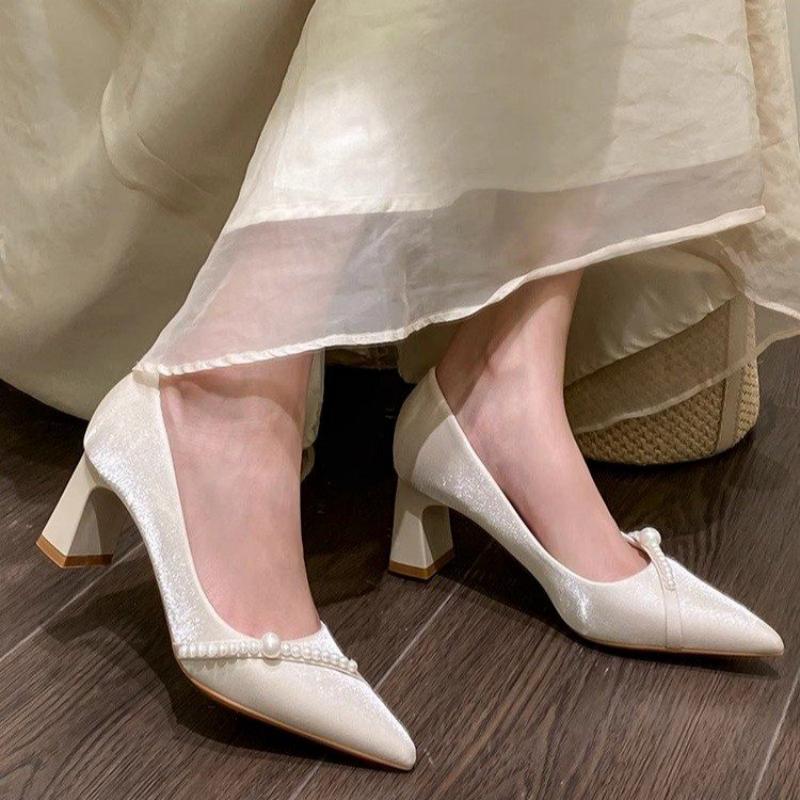 Men Shoes Formal - エレガントなパール装飾のポインテッドトゥブロックヒール、優しいスタイルのコンフォートパンプス、女性用クラシックオフィスドレスシューズ
