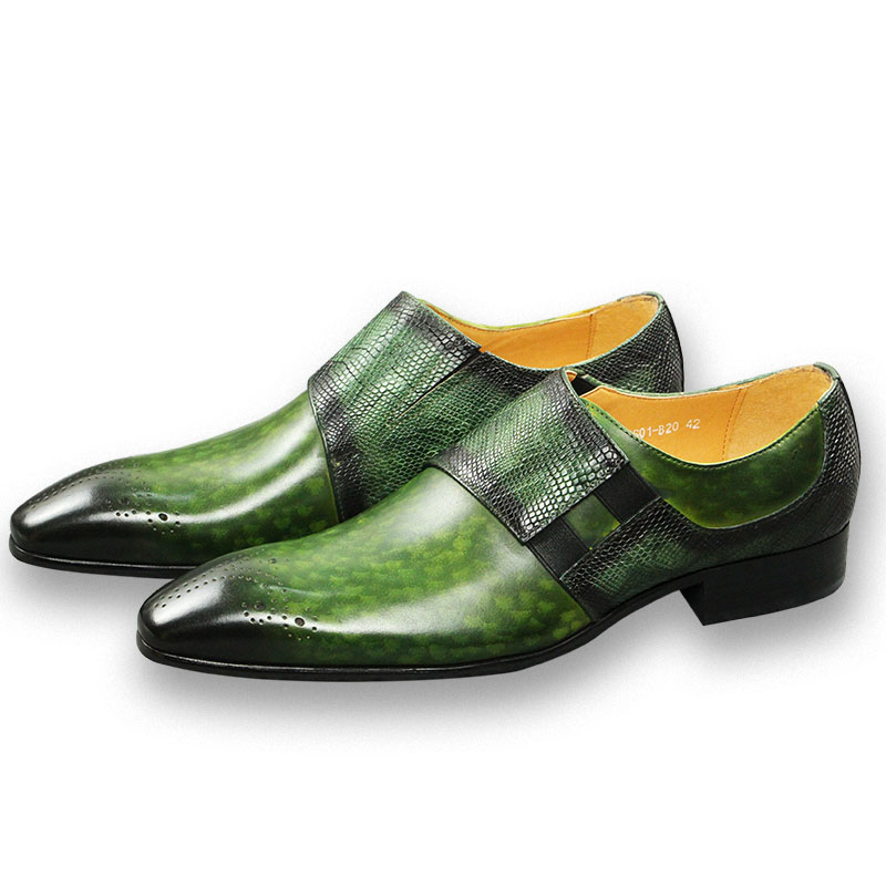 Monk Strap Shoe - ファッションローファー男性靴クラシックグリーンカラーブローグシューズ純粋な本革モンクストラップ快適な男性の靴高速配信