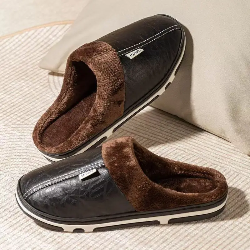 Men'S Shoes Qn - メンズビッグサイズ冬用スリッパ室内PUレザー家庭用防水ふわふわカジュアルスライドメンズ寝室用快適シューズハウスシューズ