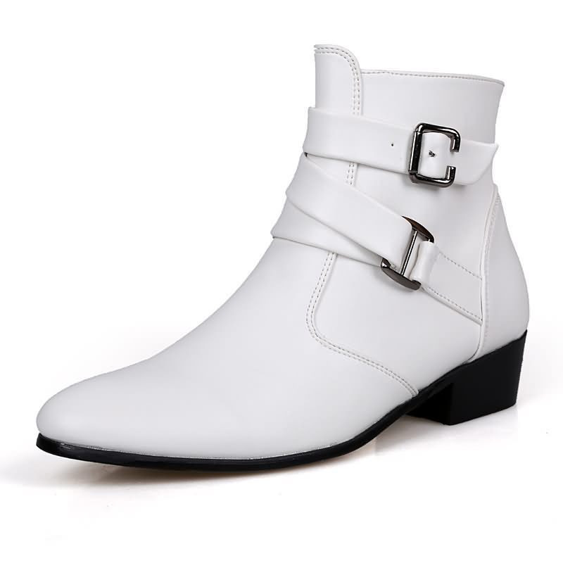 Men Shoes Formal - 高級メンズブーツレザーチェルシーブーツハイトップバックルストラップフォーマルシューズブラック英国スタイルアンクルブーツポインテッドトゥホワイトブーツ
