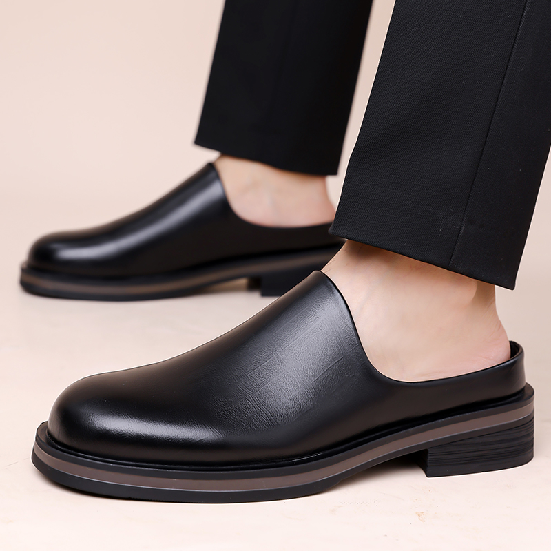 Men'S Shoes Qn - メンズスリッポンハーフスリッパ、厚底光沢カジュアルレザーシューズ、レトロラウンドトゥトレンド万能ミュールシューズ