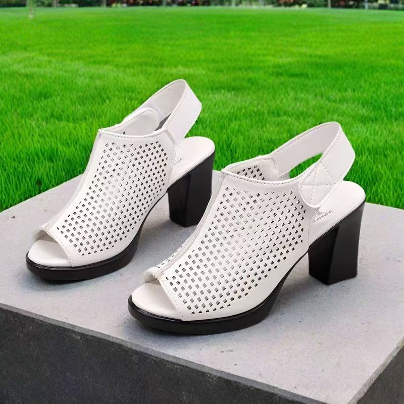 Velcro Strap Sandal - レディース大きいサイズハイヒールオープントゥサンダル夏新作ソフトソール滑り止め中空デザインおしゃれベルクロブロックヒールサンダル