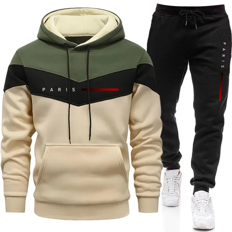 Men Shoes Joggers - パリファッションメンズフーディセットデイリーカジュアルスポーツフード付きスウェットシャツとジョガーパンツ男性用アーバントレンドウォームプルオーバートラックスーツ