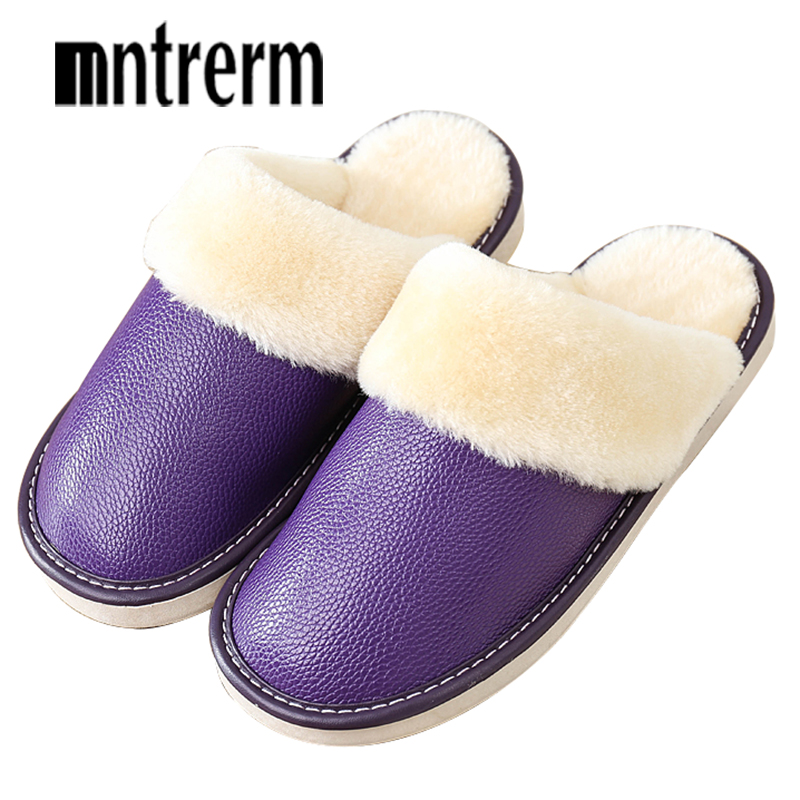 Men Shoes Sale - Mntrerm女性のスリッパの冬本革厚いぬいぐるみホーム屋内スリップ熱カップルスリッパ2020新ホット販売