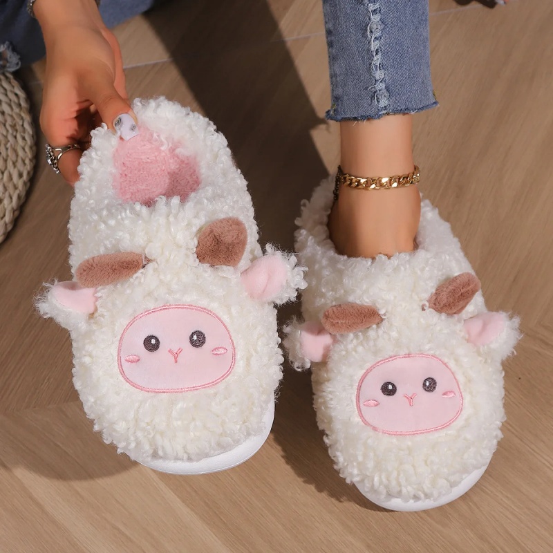 Men Shoes Size To Women - 冬素敵な小さな羊のスリッパ女性男性用かわいい子羊ぬいぐるみホームサンダルカップルファッション刺繍ソフトコットンスライド