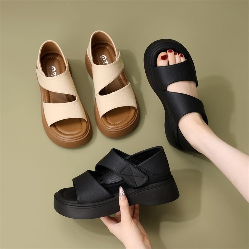 Velcro Strap Sandal - 2026年夏新作 ソフトソール 多用途 ブラックサンダル ベルクロバックストラップ付き 快適なレディース