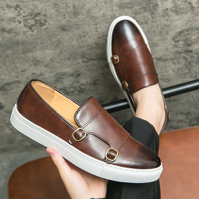 Monk Strap Shoe - デザイナー新しい靴男性革カジュアルシューズ英国スタイル簡潔なモンクストラップシューズストリートクールスリッポンローファー