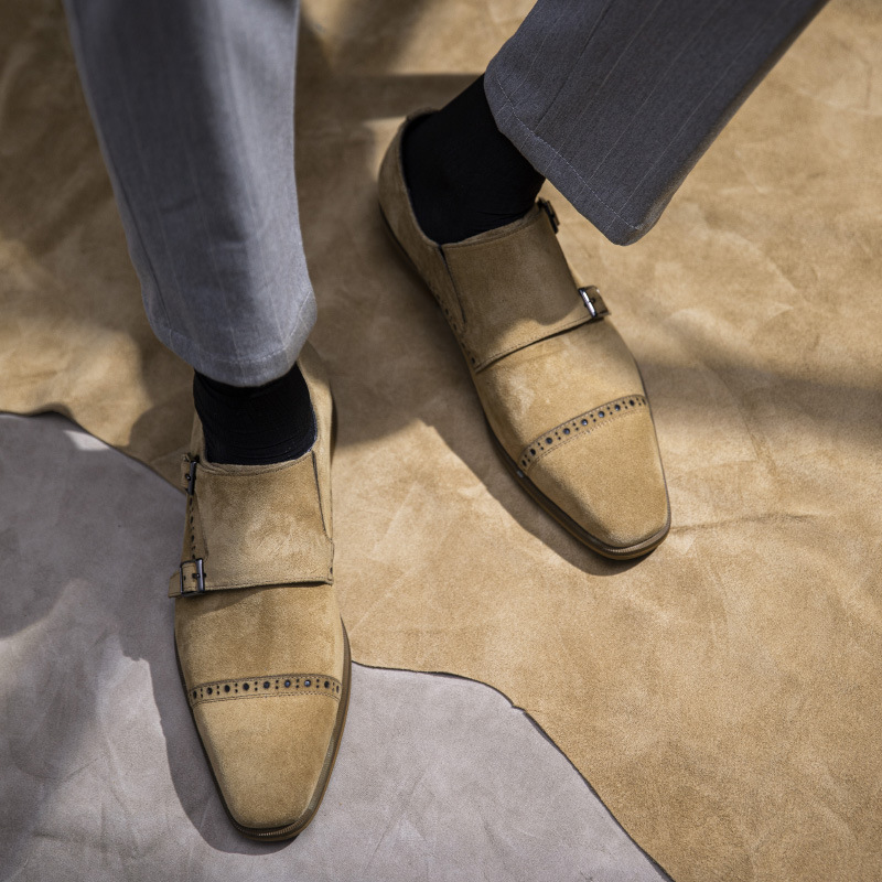 メンズイタリアンスタイルのスエードシューズ,本革,ダブルバッ - Monk Strap Shoe のレビューと価格