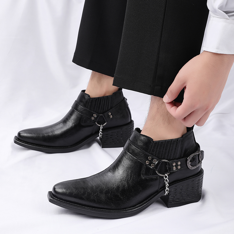 新しいブラウン/ブラック牛革ブーツ金属チェーンデザインメンズ - Men Shoes Formal のレビューと価格