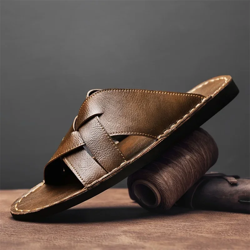 本革メンズカジュアルサンダル夏メンズスリッパ屋外通気性ビーチ - Men'S Shoes Qn のレビューと価格