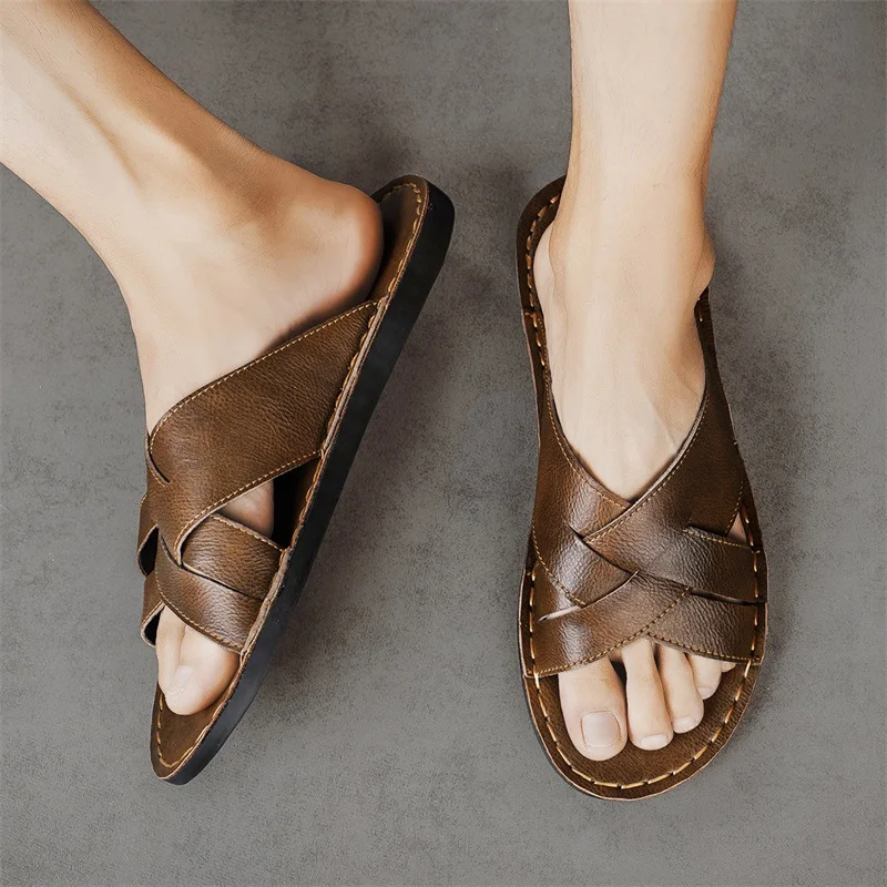 本革メンズカジュアルサンダル夏メンズスリッパ屋外通気性ビーチ - Men'S Shoes Qn のレビューと価格